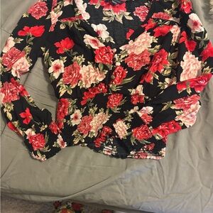 American Eagle Outfitters Red and Pink Floral Wrap Blouse